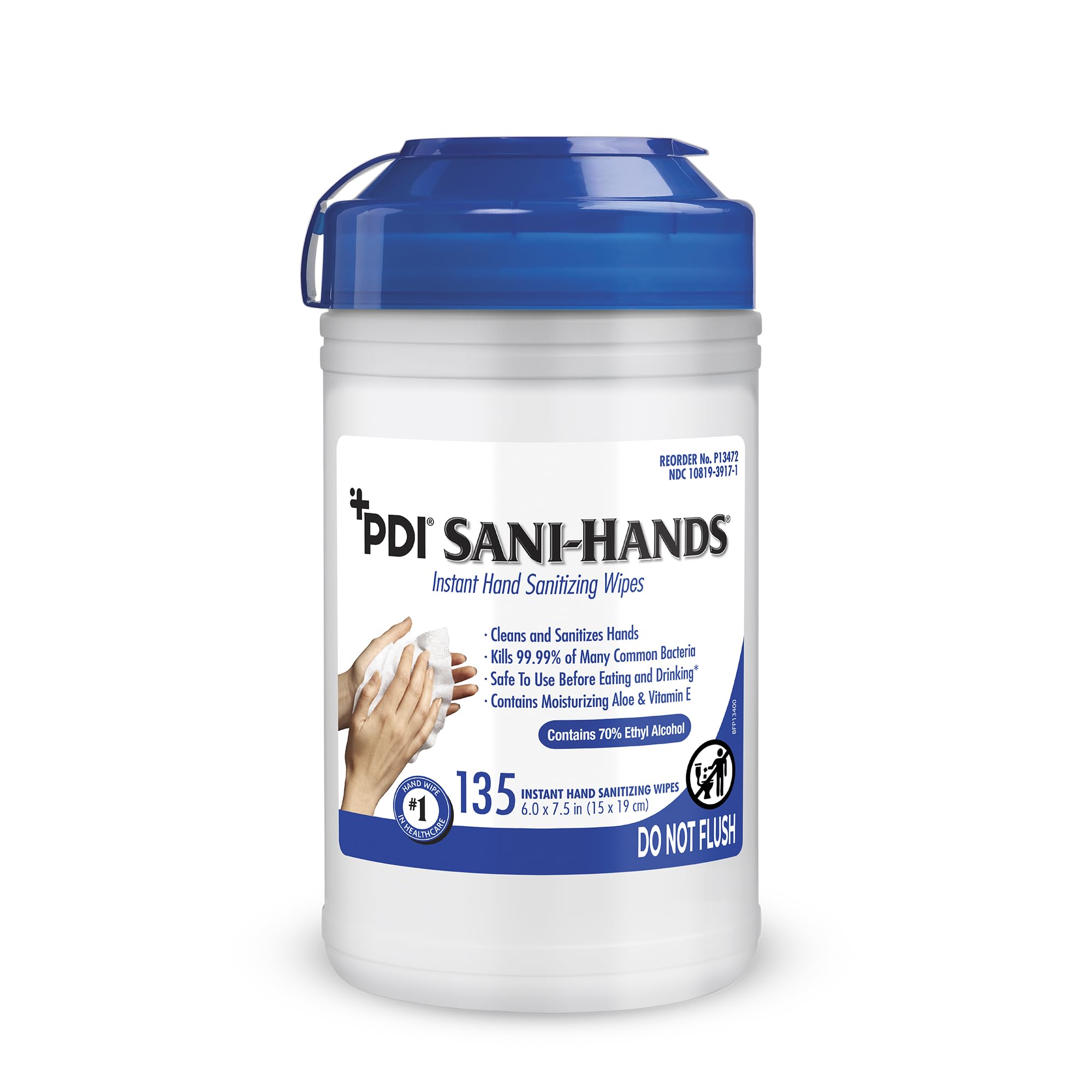 PDI Healthcare P13472 Sani-Hands Instant Hand Sanitizing Wipes, Medium, 6" x 7.5" (12 Canisters of 135 Wipes, 1620 Total)