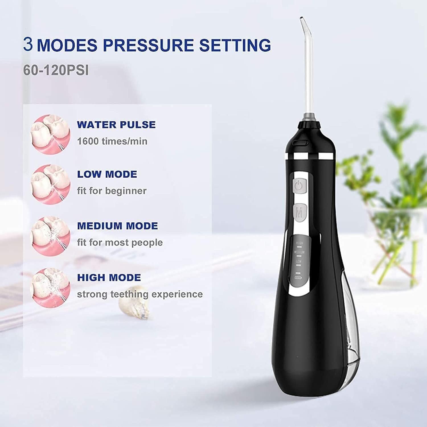 HeiDD Water Flosser Portable Dental Oral Irrigator with 3 Modes, 4 Replaceable Jet Tips, Rechargeable Waterproof Teeth Cleaner for Home and Travel, 200ml Detachable Reservoir
