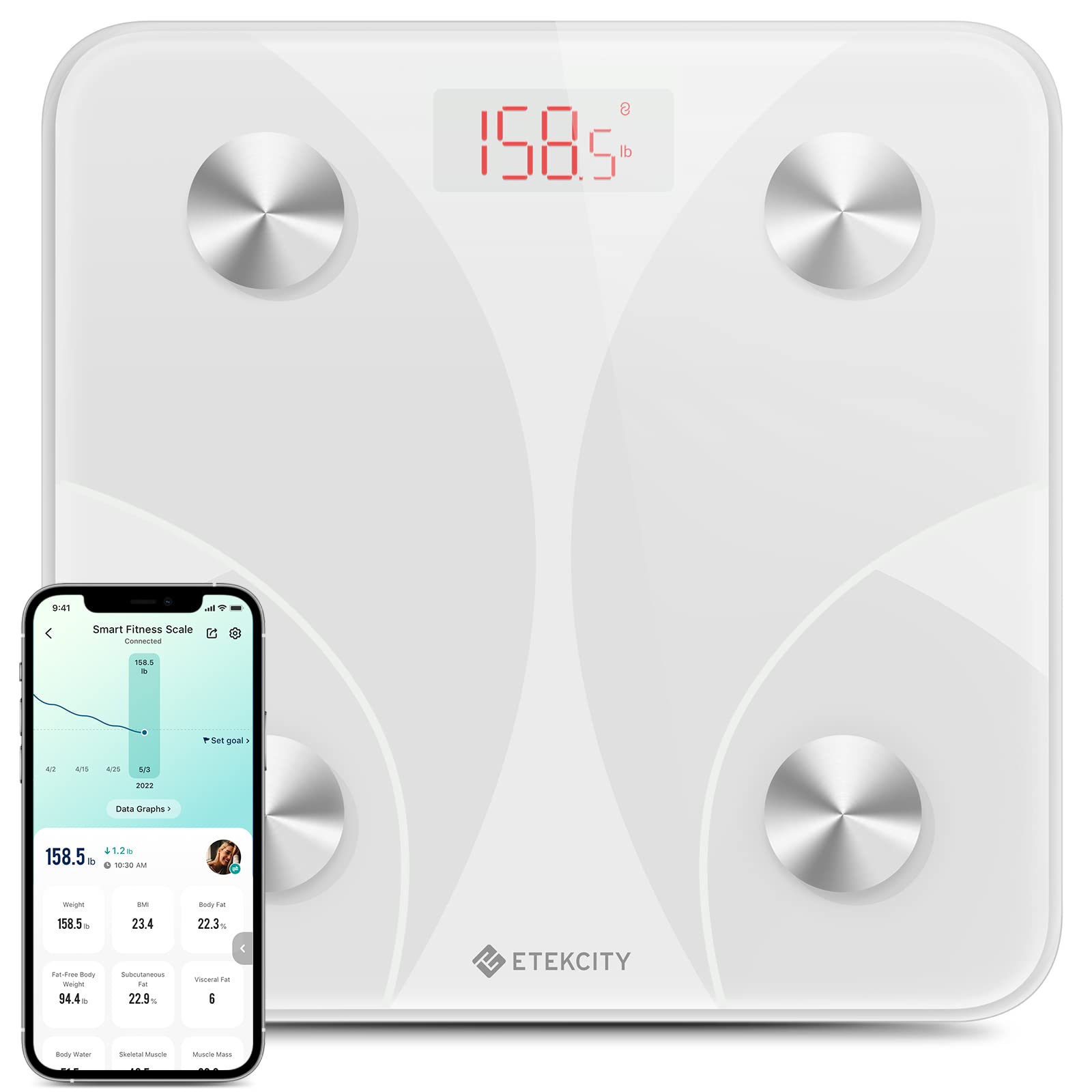 Etekcity Smart Scale for Body Weight and Fat Percentage, Digital Bathroom Accurate Weighing Machine for People's BMI Muscle, Bluetooth Electronic Body Composition Monitor Syncs with App, 400lb, White