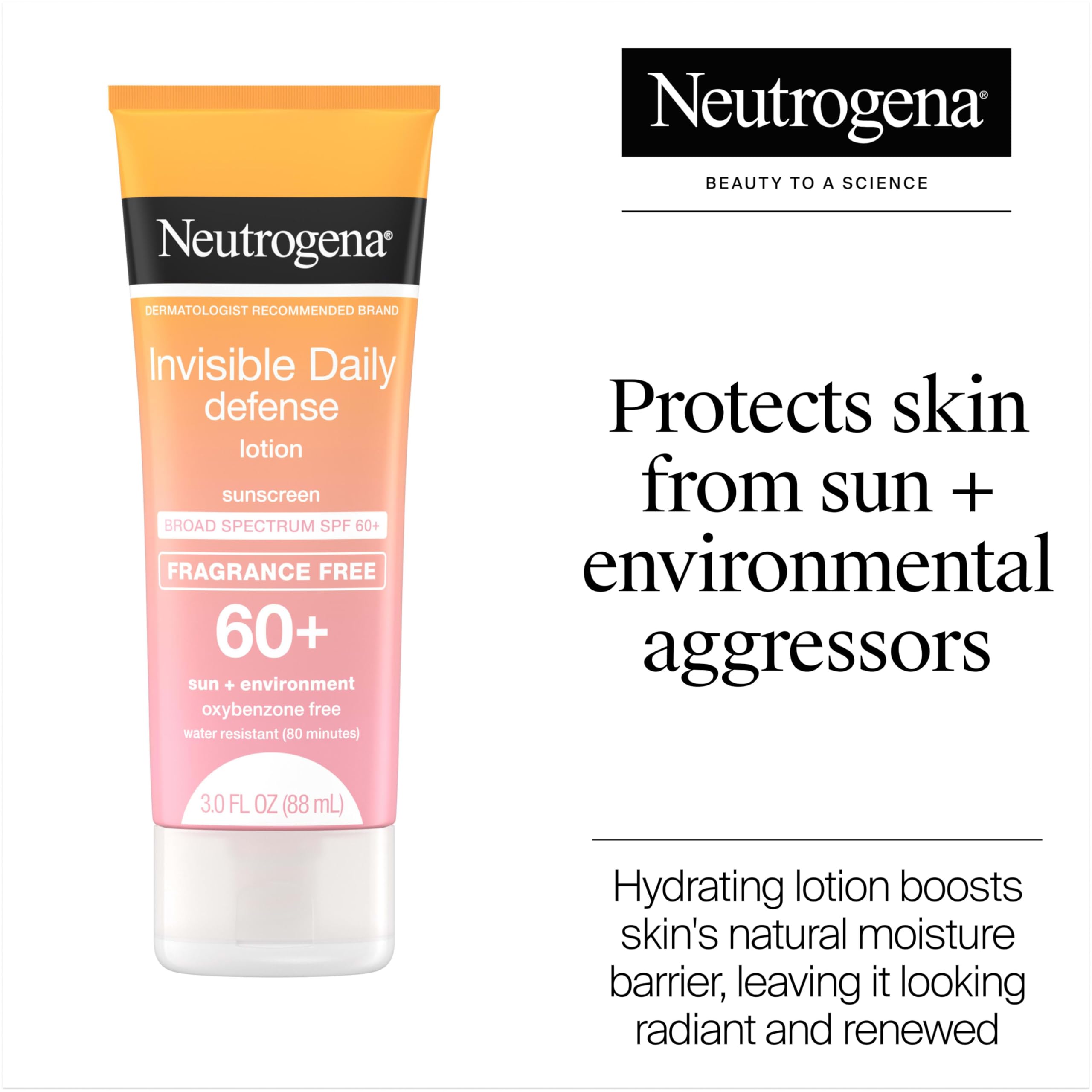 Neutrogena Invisible Daily Defense Fragrance-Free Sunscreen Lotion, Broad Spectrum SPF 60+, Oxybenzone-Free & Water-Resistant, Sun & Environmental Aggressor Protection, 3.0 fl. oz
