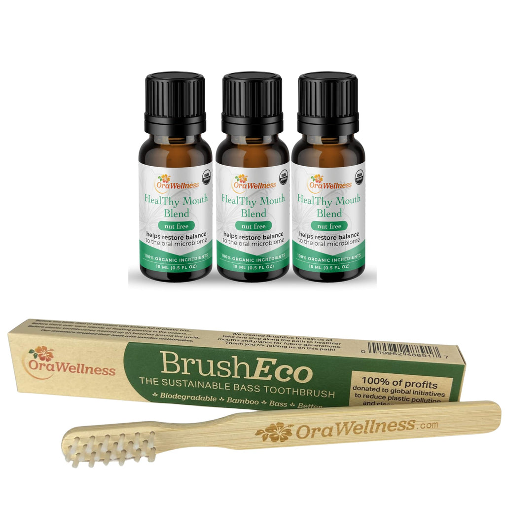 OraWellness Nut Free Healthy Mouth Blend Tooth Oil 3 Pack + BrushEco Bamboo Toothbrush with 3 Rows