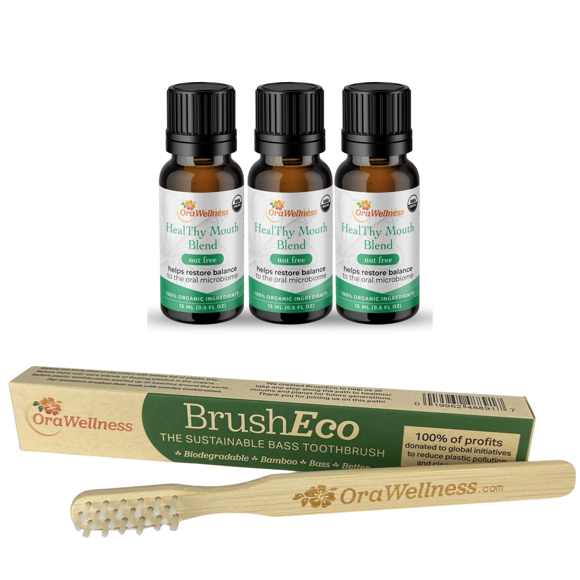 OraWellness Nut Free Healthy Mouth Blend Tooth Oil 3 Pack + BrushEco Bamboo Toothbrush with 3 Rows