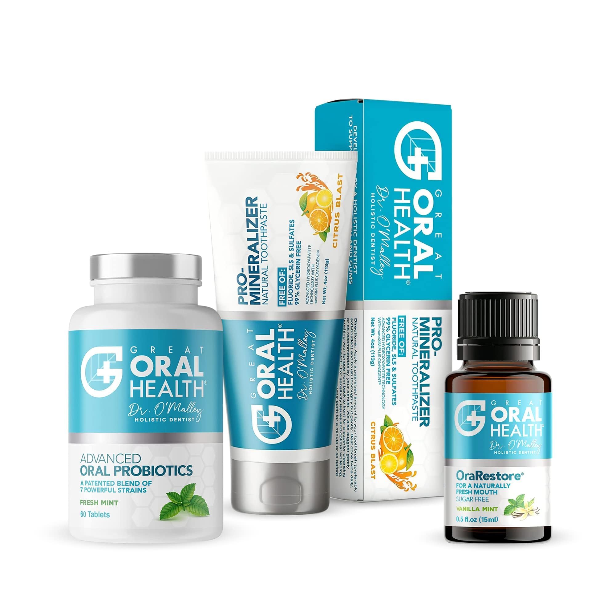 Great Oral Health Dentist Formulated Trio Bundle - Remineralizer Nano-Hydroxyapatite Citrus Blast Toothpaste - Mint Oral Probiotics for a healthy microbiome- OraRestore Oral Health Essential Oil Blend