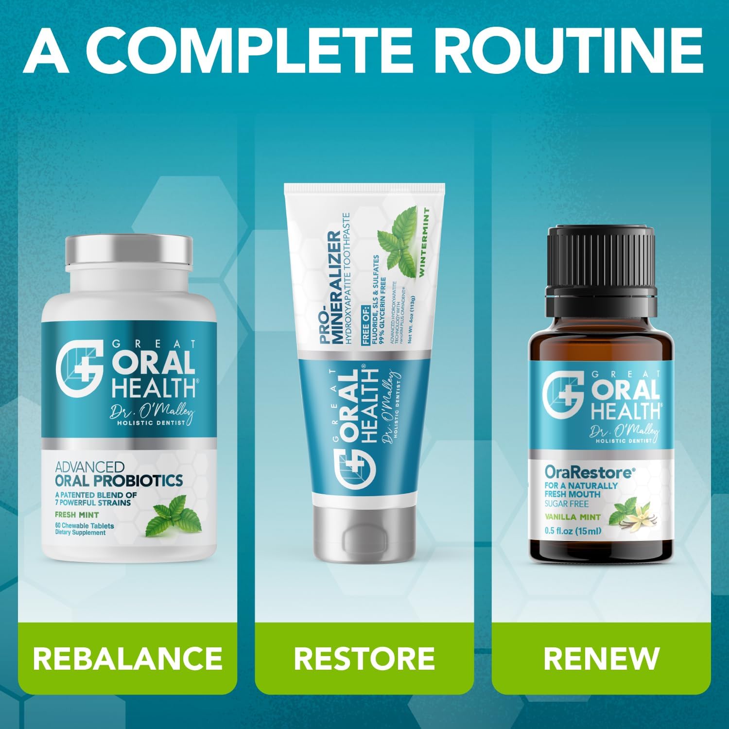 Great Oral Health Dentist Formulated Trio Bundle - Remineralizer Nano-Hydroxyapatite Citrus Blast Toothpaste - Mint Oral Probiotics for a healthy microbiome- OraRestore Oral Health Essential Oil Blend