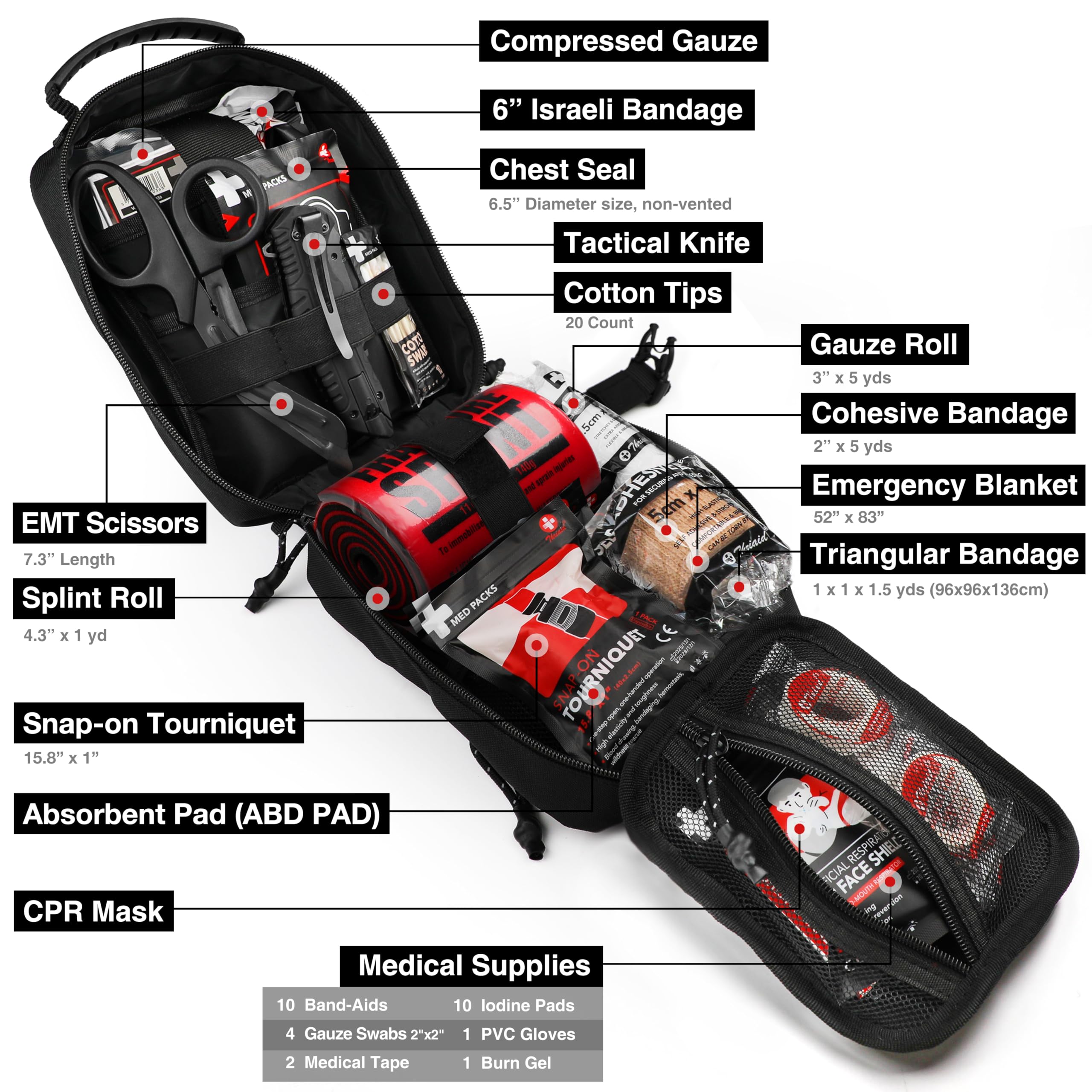 Survival First Aid Kit with Israeli Bandage, Chest Seal, Tourniquet, Splint, Tactical Military Combat Molle IFAK for Wound Care, Bleeding Control, Trauma Hemorrhage and More