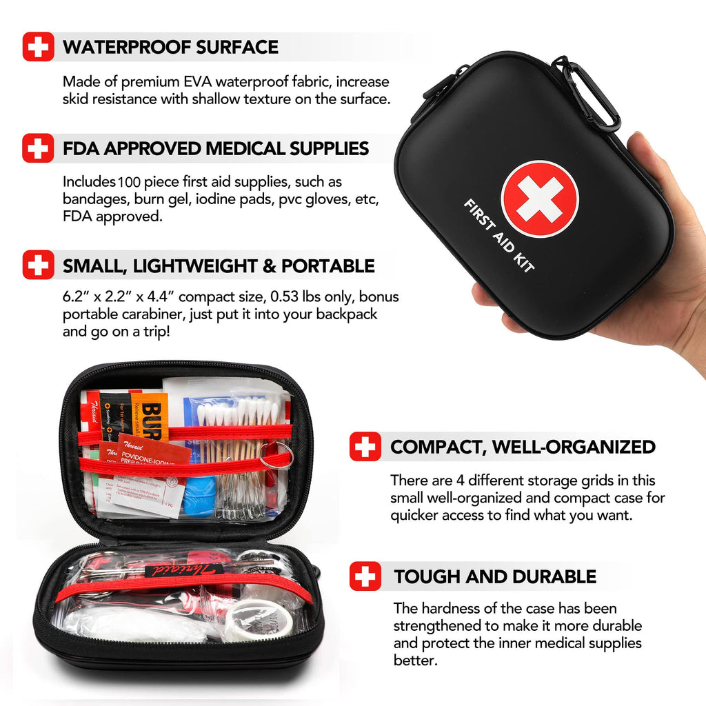 Mini First Aid Kit, 100 Pieces Water-Resistant Hard Shell Small Case - Perfect for Travel, Outdoor, Home, Office, Camping, Hiking, Car