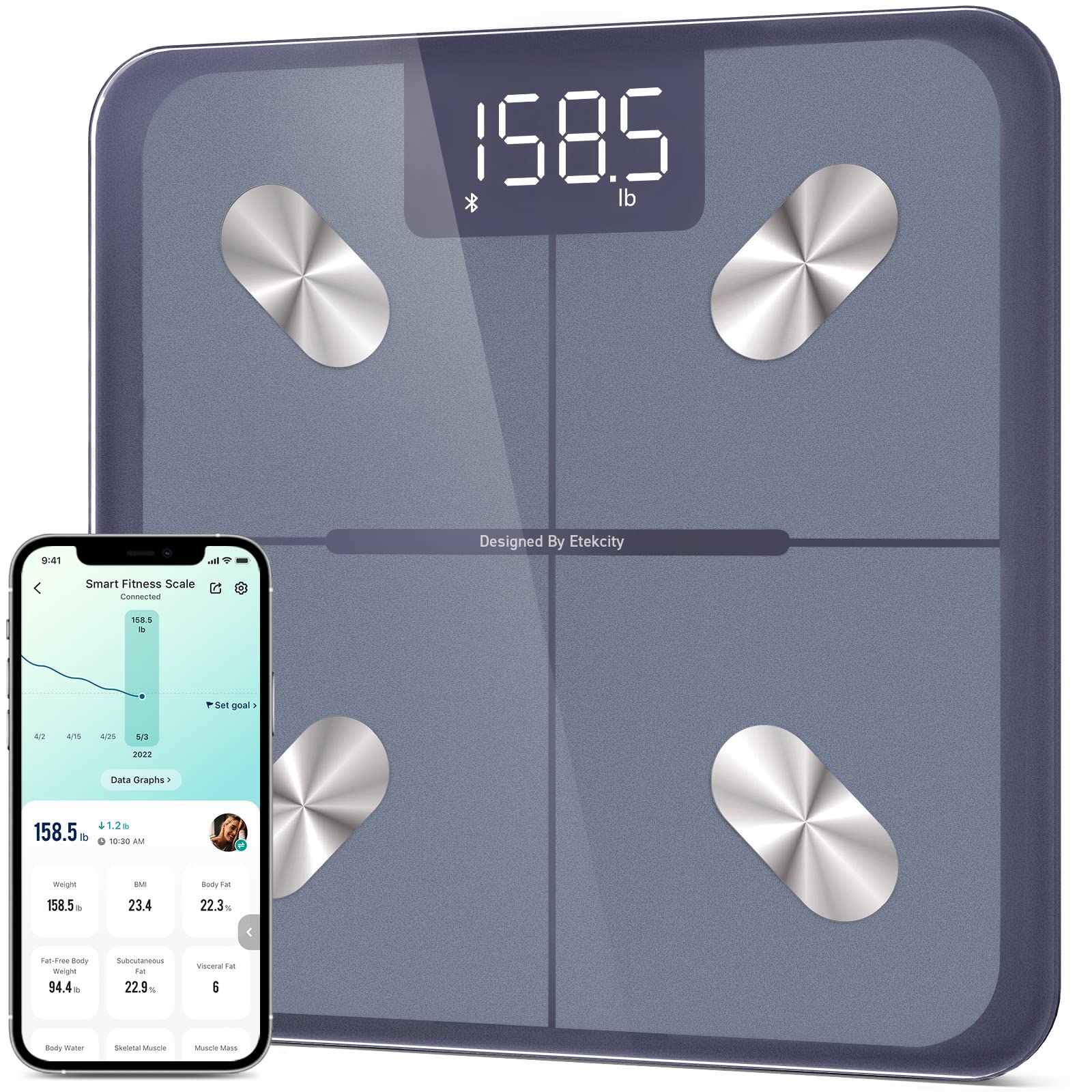 Etekcity Smart Scale for Body Weight and Fat Percentage, Digital Bathroom Accurate Weighing Machine for People's BMI Muscle, Bluetooth Electronic Body Composition Monitor Syncs with App, 400lb, White