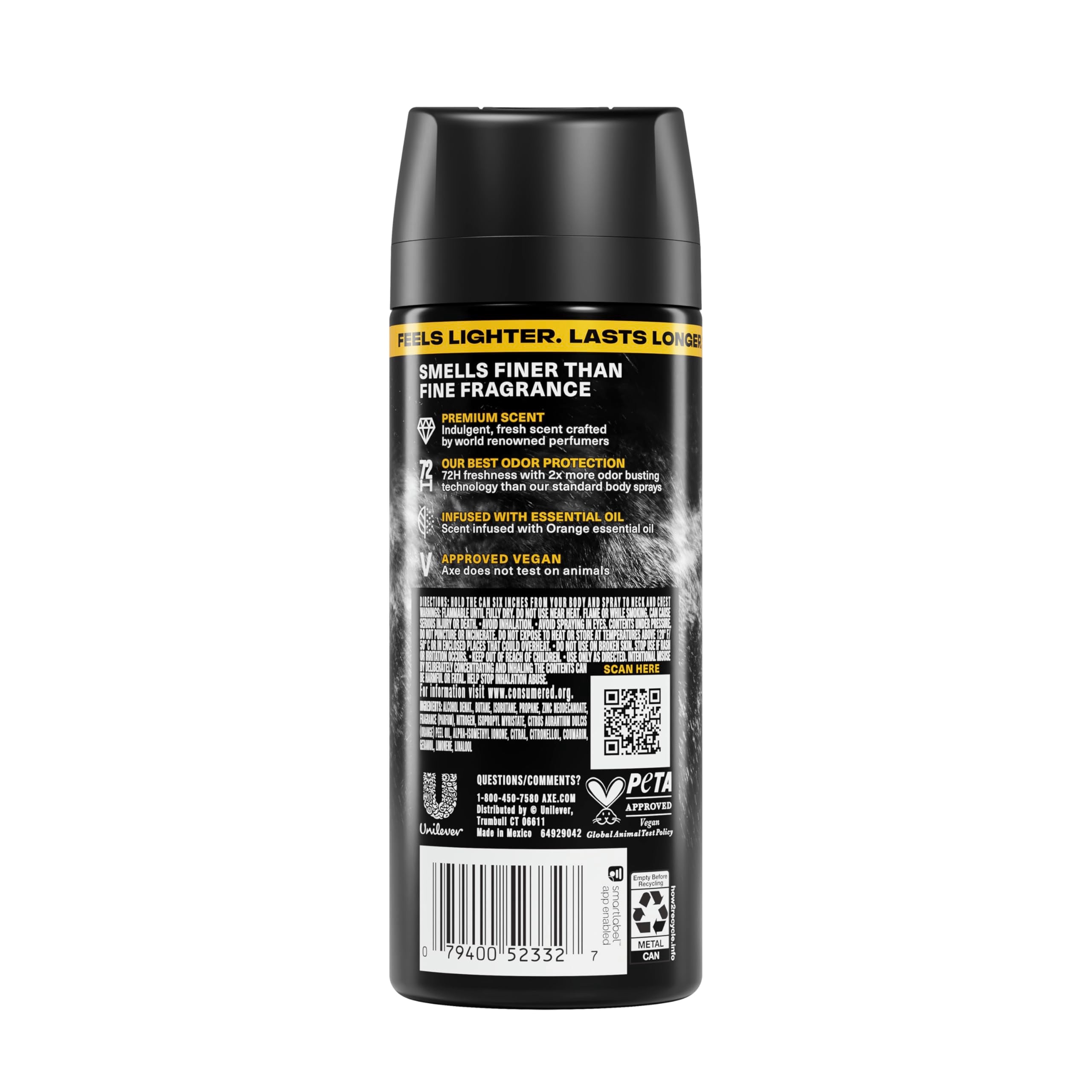 AXE Fine Fragrance Collection Body Spray Black Vanilla 72 Hour Freshness Aluminum Free 2.9 oz
