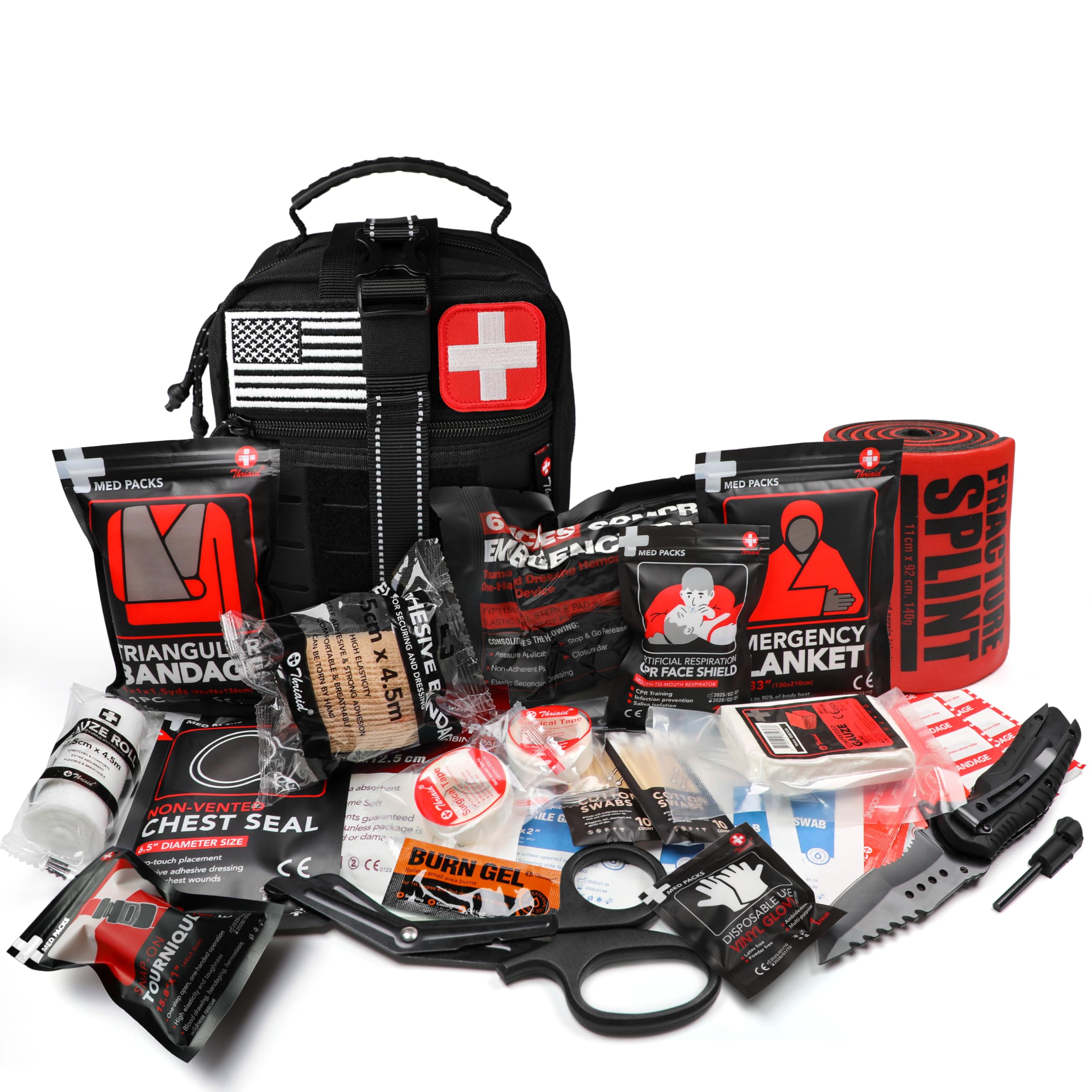 Survival First Aid Kit with Israeli Bandage, Chest Seal, Tourniquet, Splint, Tactical Military Combat Molle IFAK for Wound Care, Bleeding Control, Trauma Hemorrhage and More
