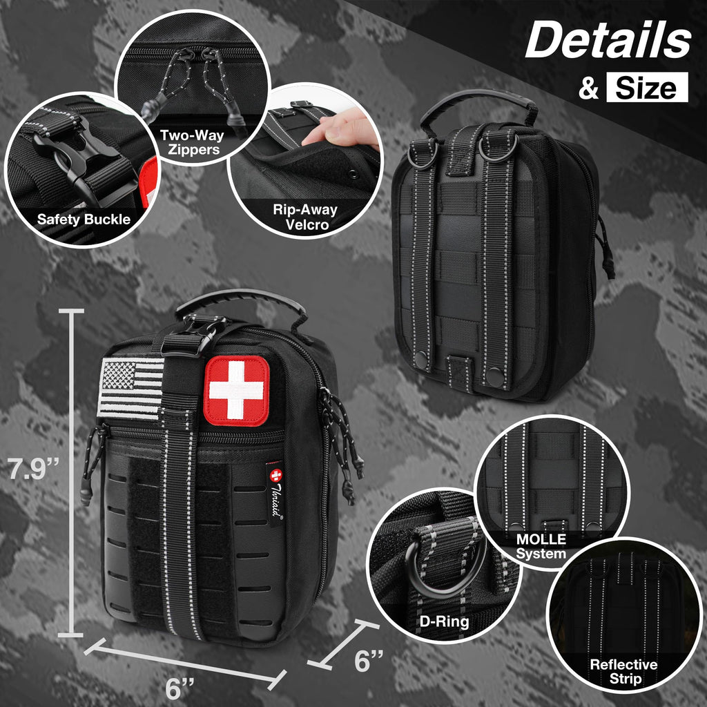 Survival First Aid Kit with Israeli Bandage, Chest Seal, Tourniquet, Splint, Tactical Military Combat Molle IFAK for Wound Care, Bleeding Control, Trauma Hemorrhage and More