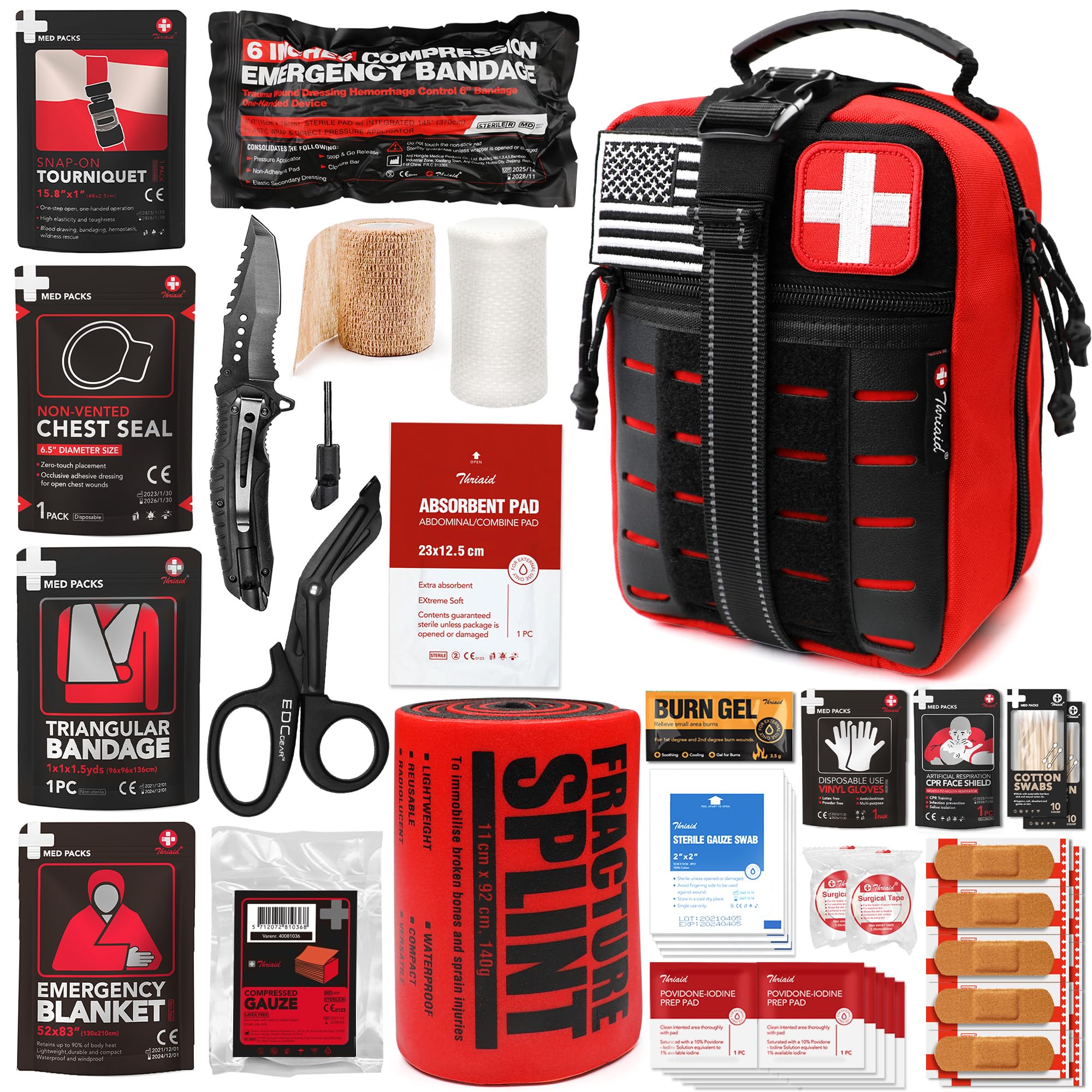 Survival First Aid Kit with Israeli Bandage, Chest Seal, Tourniquet, Splint, Tactical Military Combat Molle IFAK for Wound Care, Bleeding Control, Trauma Hemorrhage and More